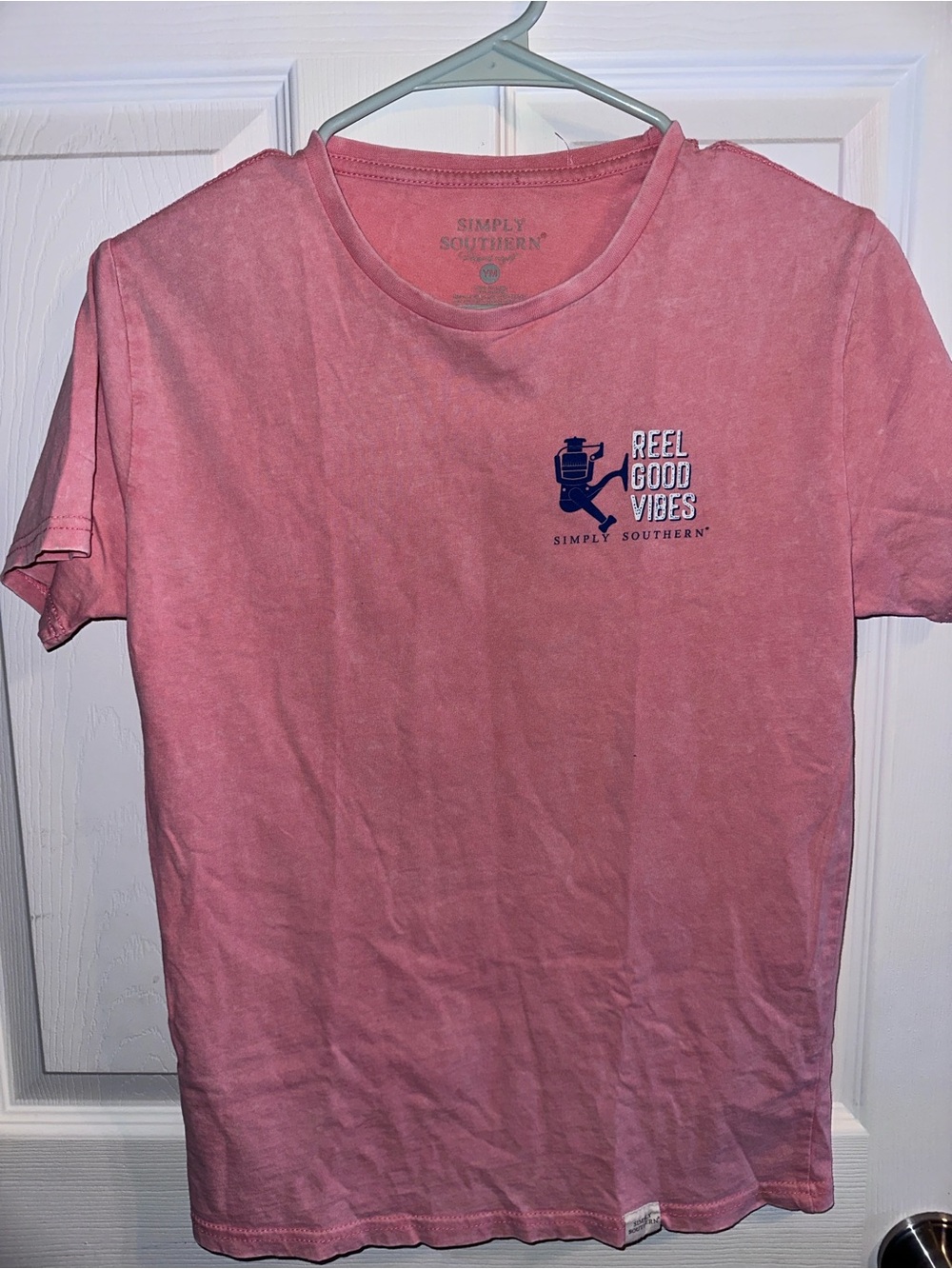 Simply Southern Youth M Reel Good Vibes Fishing Dog T-Shirt Pink
